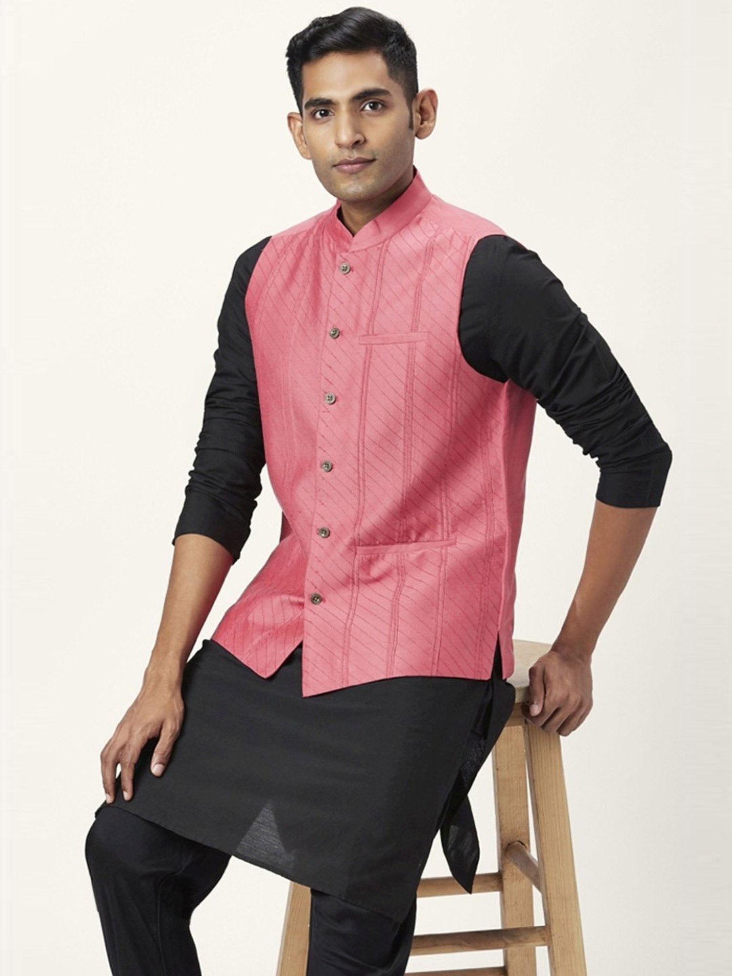 Indus Route By Pantaloons Coral Regular Fit Embroidered Nehru Jacket