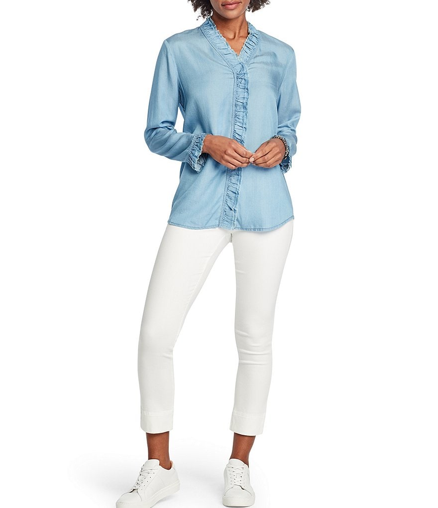 NIC + ZOE Woven Ruffled Up Denim Long Sleeve Stand Collar Shirt