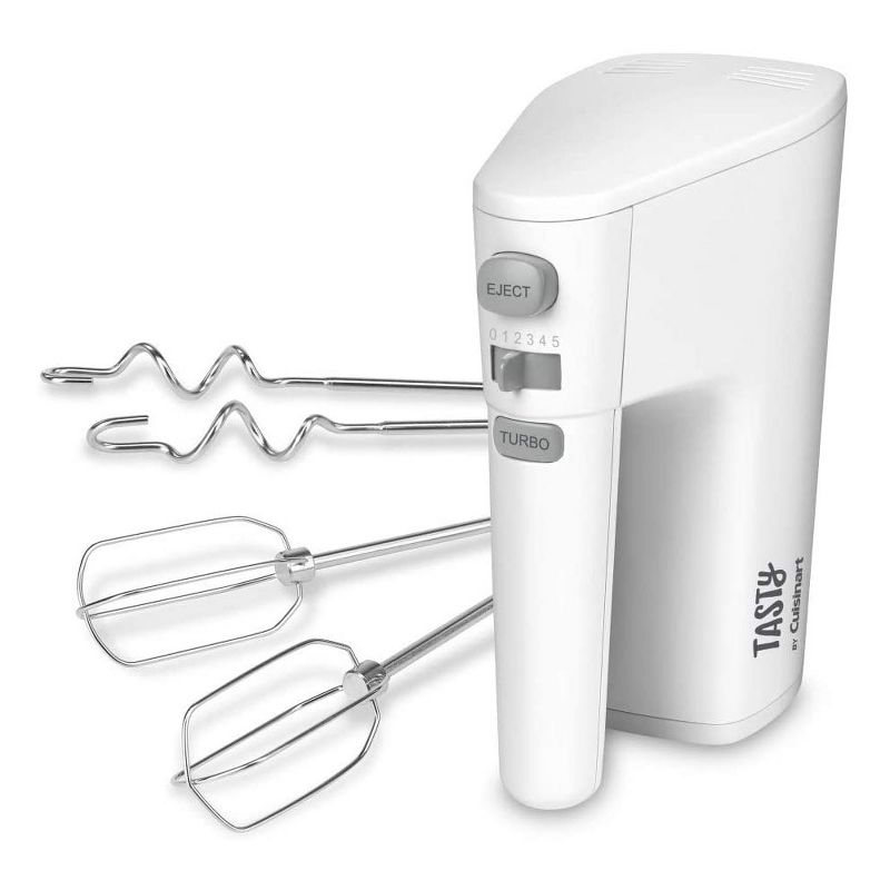 Tasty by Cuisinart Electric Home Kitchen Handheld Food Mixer with Wire Beaters, Dough Hooks, Turbo Boost Feature, and Variable 5 Speed Control, White