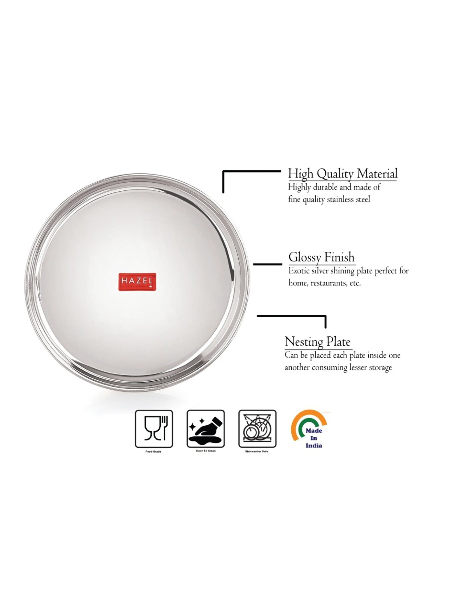 HAZEL Silver Stainless Steel Snack Plates With Mirror Finish