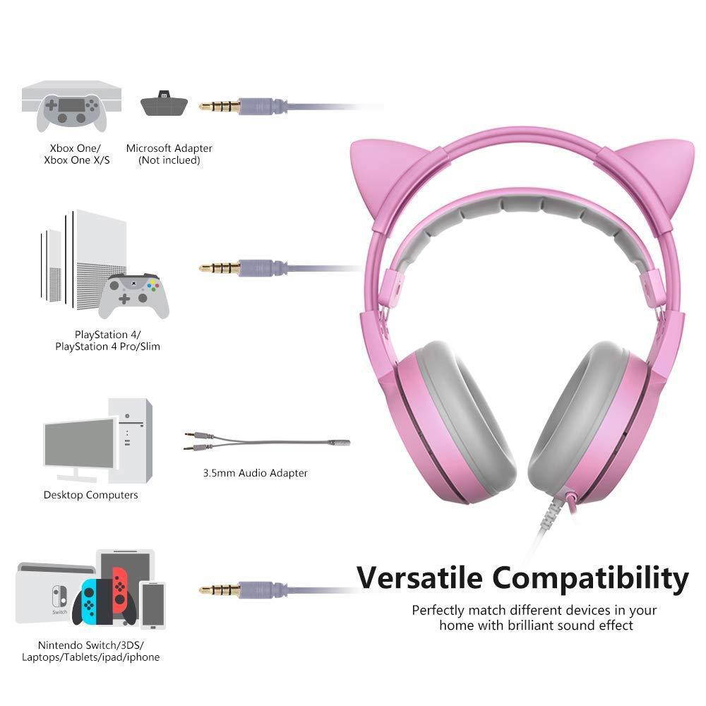 somic g951s pink gaming headset with mic for ps4, xbox one, pc, mobile phone, 3.5mm sound detachable cat ear headphones lightweight selfadjusting over ear headphones for women