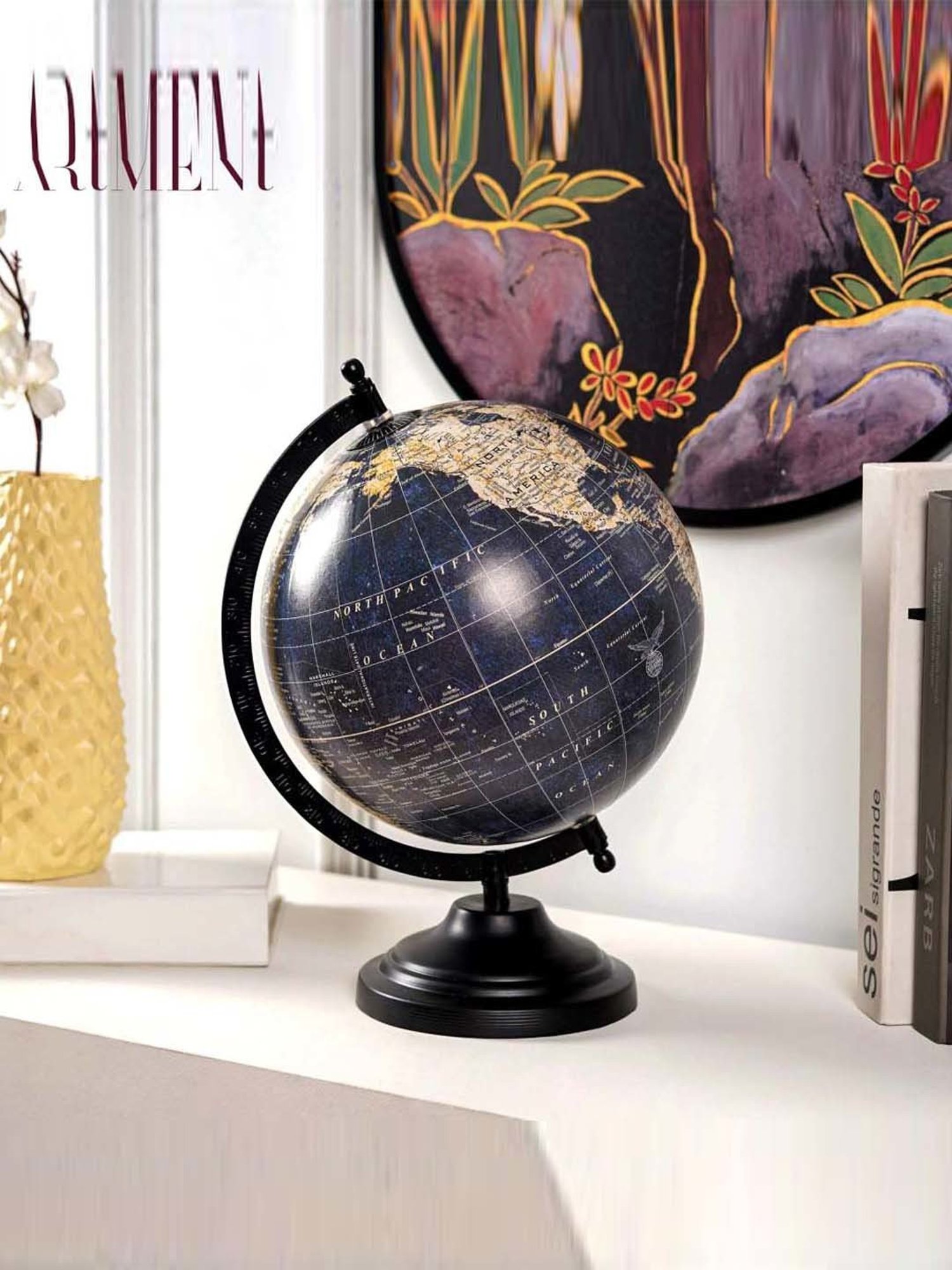 The Artment Minimal Nautical Navigator Blue & Black Metal Medium Globe for Study Table