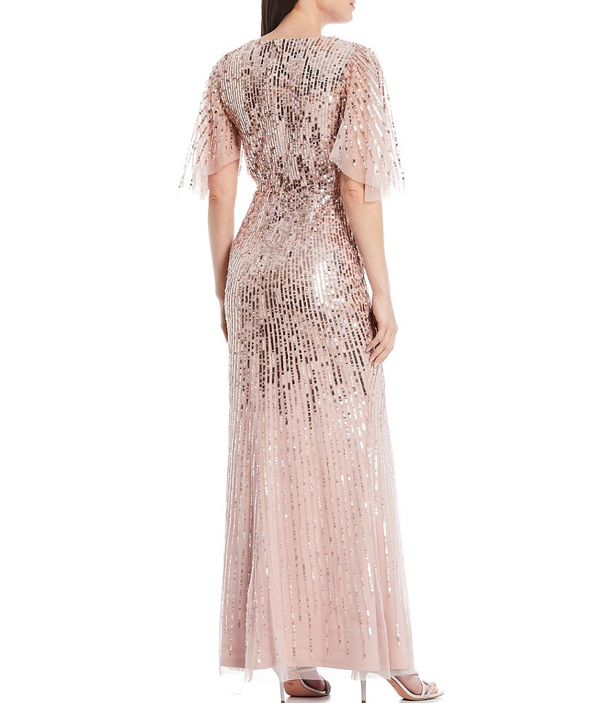 Aidan Mattox Flutter Elbow Sleeve Plunge V-Neck Sequin Gown