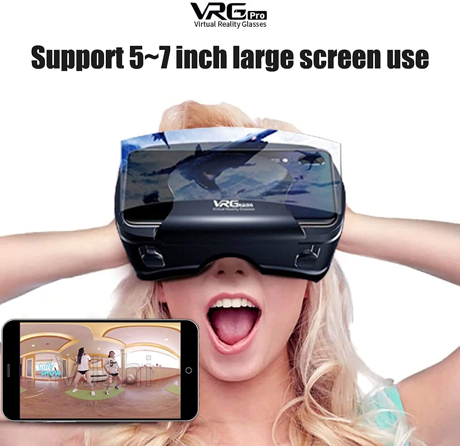 VR Headset with Controller Adjustable 3D VR Glasses Virtual Reality Headset HD Blu-ray Eye Protected Support 5~7 Inch for Phone/Android (Black)