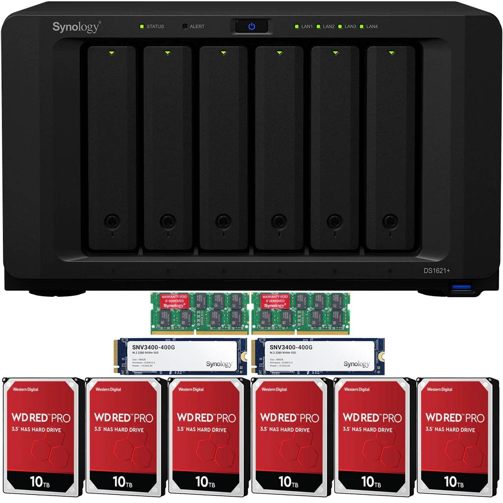 Synology DS1621+ DiskStation with 32GB RAM and 84TB (6 x 14TB) of Western Digital PRO NAS Drives and 800GB (2x400GB) NVME Cache Fully Assembled and Tested By CustomTechSales