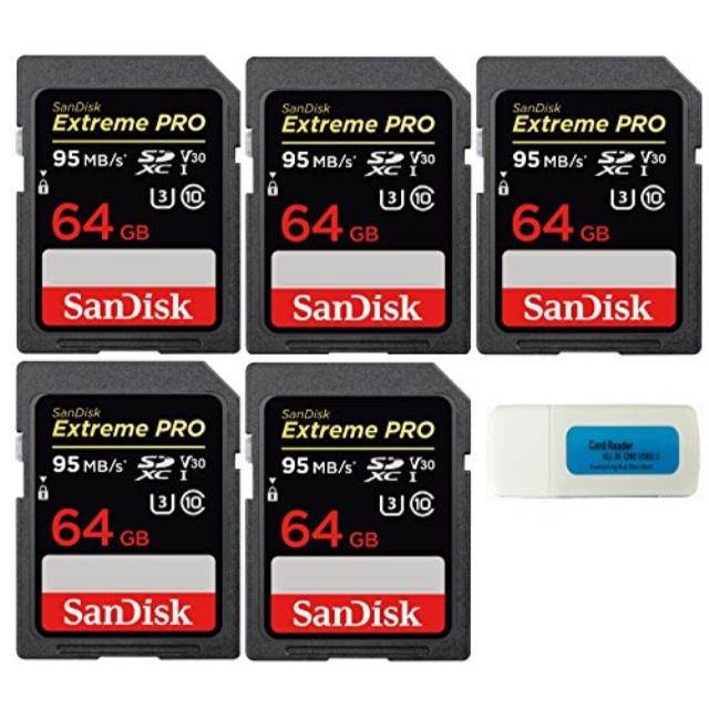 SanDisk 64GB (Five Pack) Extreme Pro Memory Card (SDSDXXG-064G-GN4IN) SDXC 4K V30 UHS-I with Everything But Stromboli (TM) Combo Reader