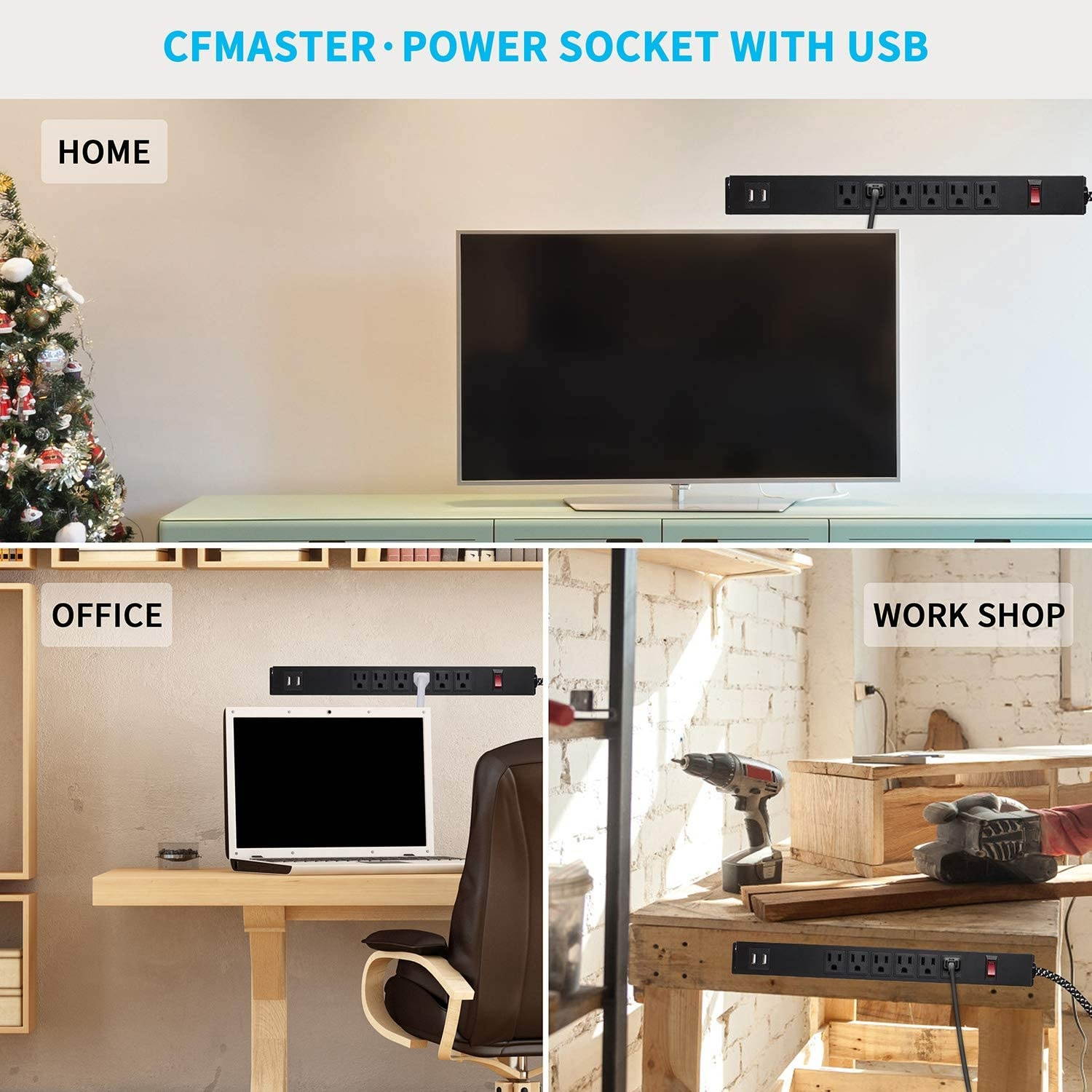 Metal Power Strip with USB, 6 feet, 6 Outlet Expander, Surge Protector, 300J, Wall Mountable, Overload Protection Switch, 3 Prong, Black, Heavy Duty Power Strip for Workbench Home Office, SGS Listed