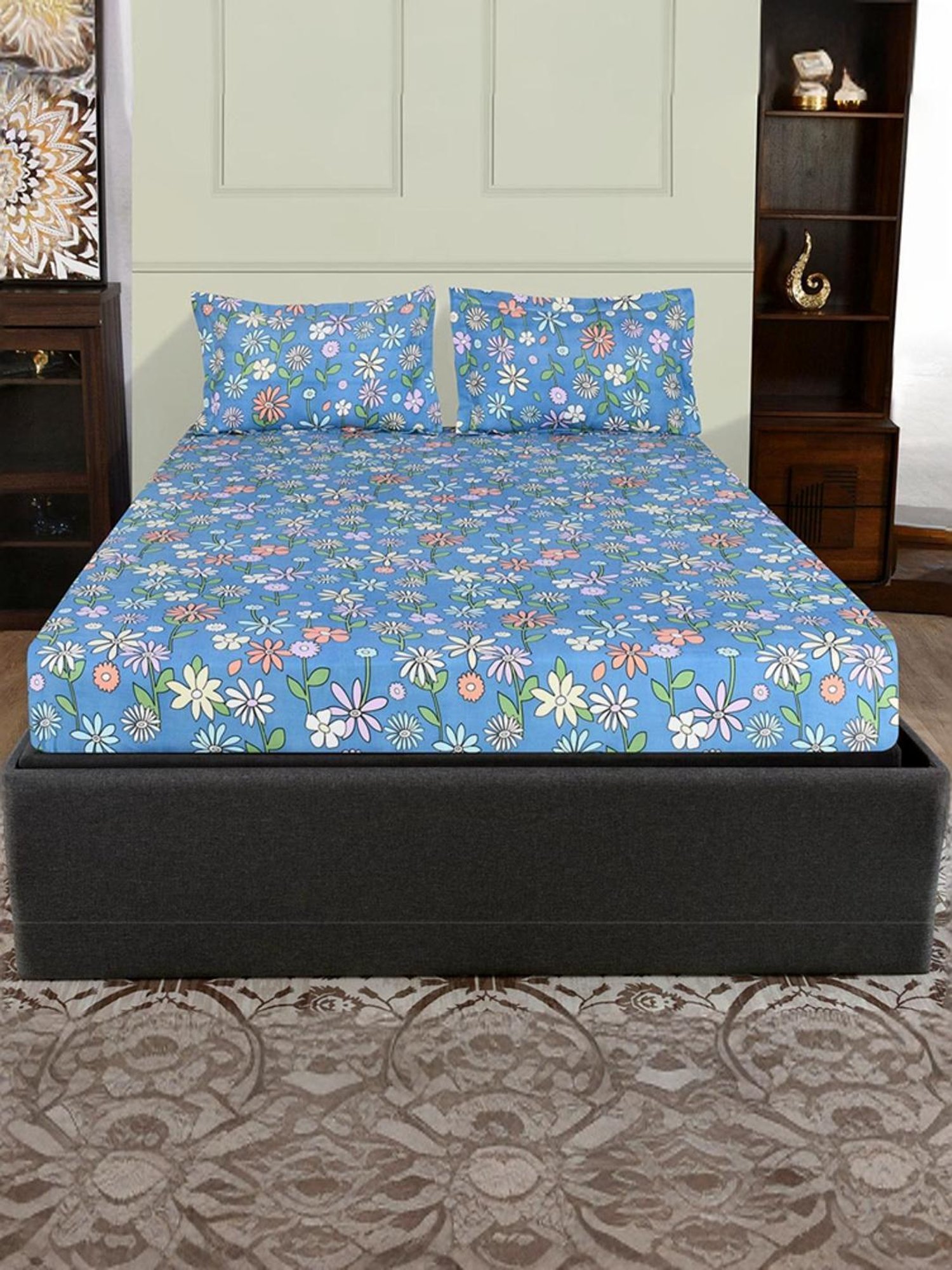 @Home Aurora Blue 130 GSM Polyester Double Bedsheet with 2 Pillow Covers