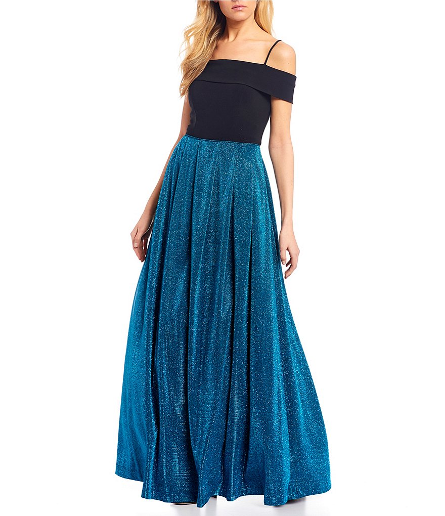 Morgan & Co. Off-The-Shoulder Cap-Sleeve Metallic Shimmer Long Dress