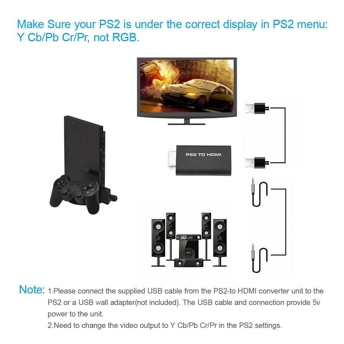 PS2 to HDMI Video Converter Adapter with 3.5mm Audio Output for HDTV Monitor