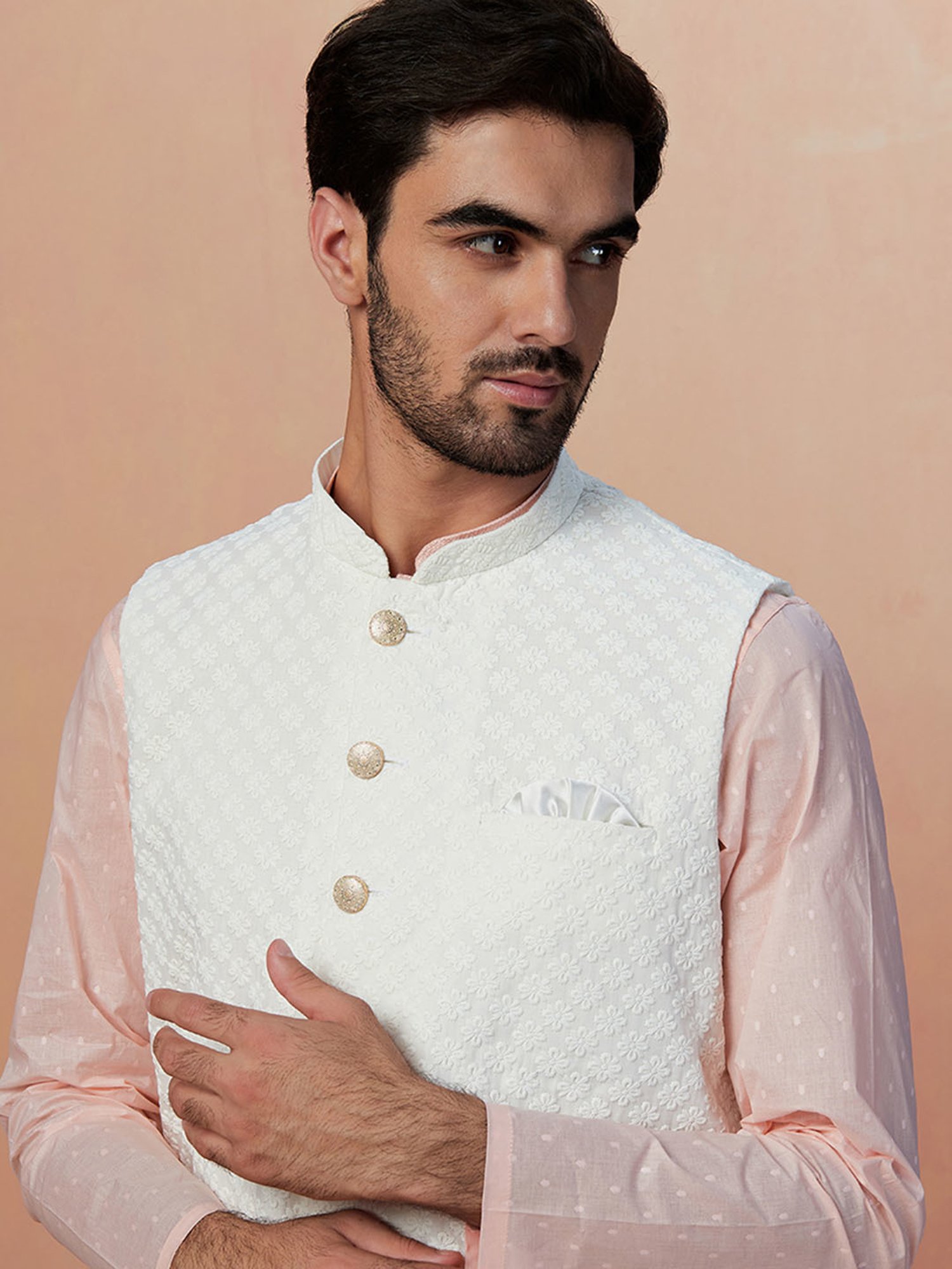 Manyavar Light Beige Regular Fit Embroidered Nehru Jacket