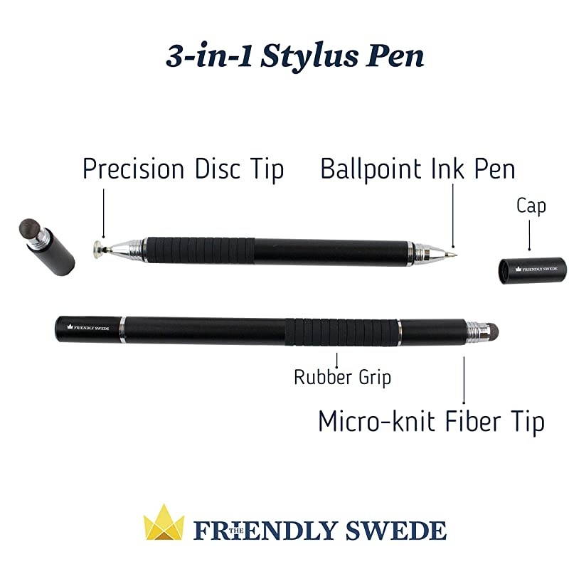 3in1 Hybrid Pen Capacitive Fiber and Fine Point Disc Stylus with Ballpoint Pen and Replaceable Tips 2 Pack