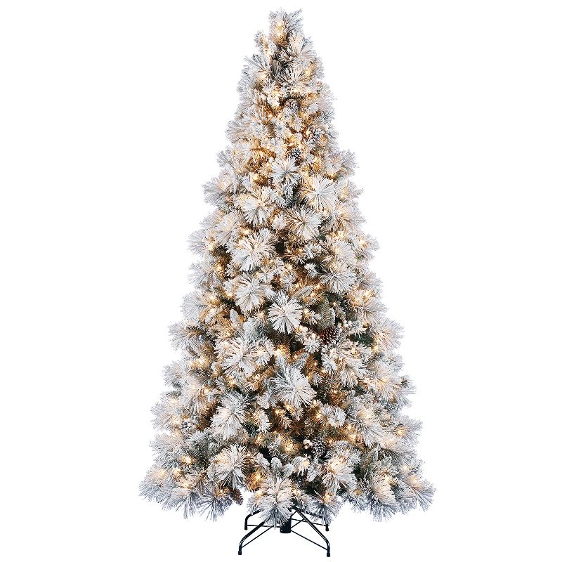 Home Heritage Snowdrift Spruce 7.5 Foot Pre Lit Christmas Tree Bundled with Silver Metal Rotating Stand