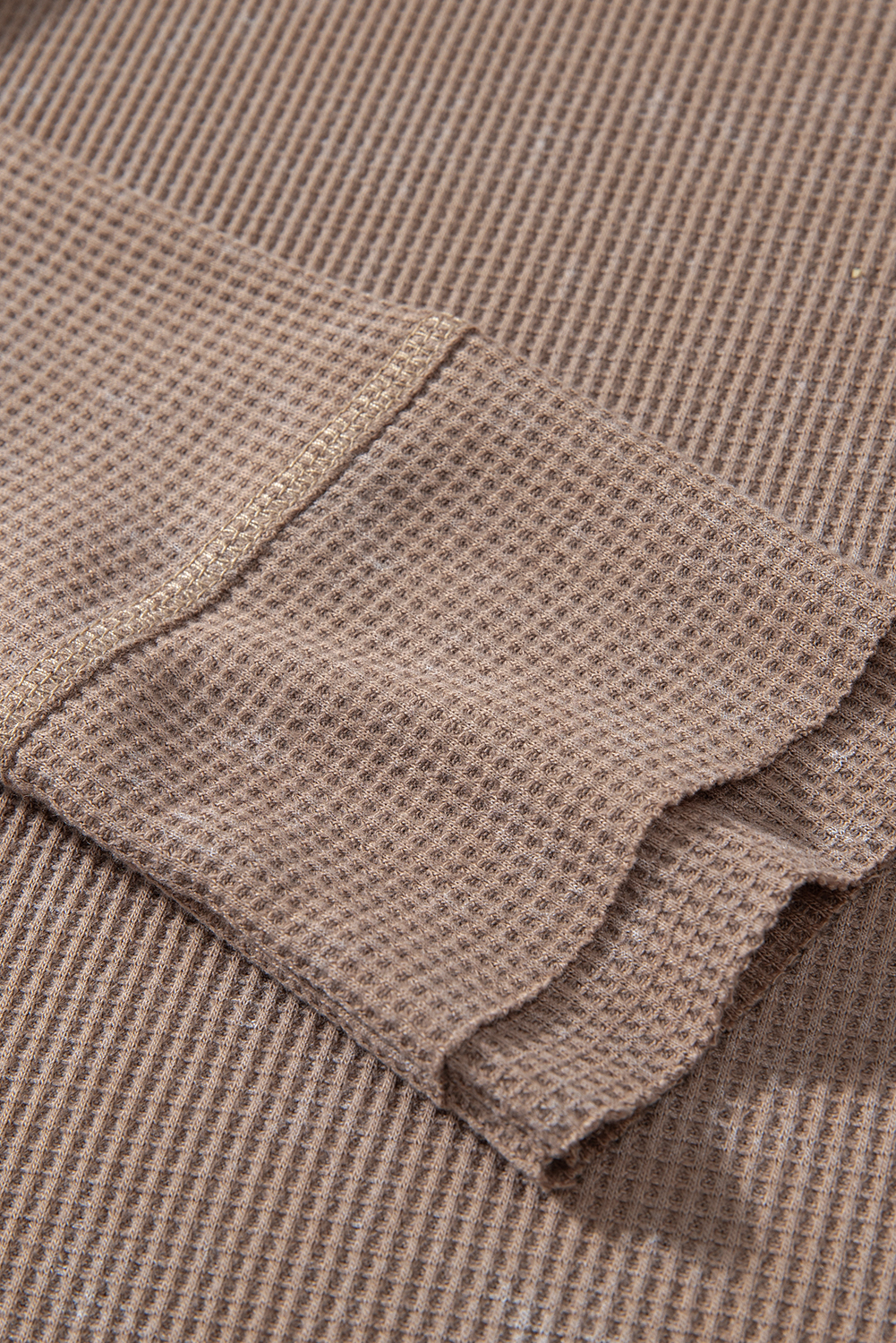 Coffee Button V Neck Waffle Knit Top