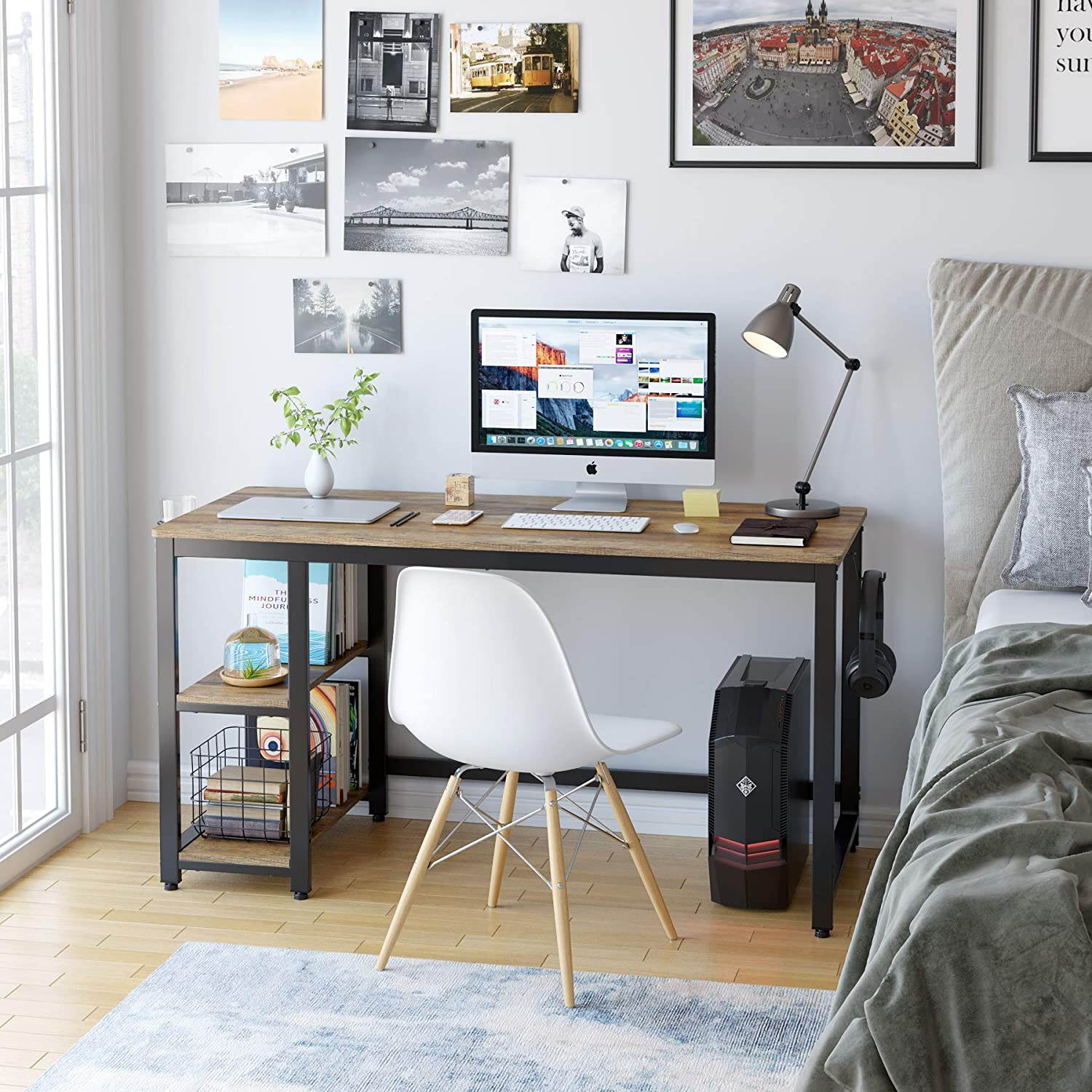 55" Industrial Computer Desk for Home Office, Wood Study Writing Desk with 2 Shelves, Large PC Desk Workstation Gaming Table with Sturdy Metal Frame, Rustic Brown