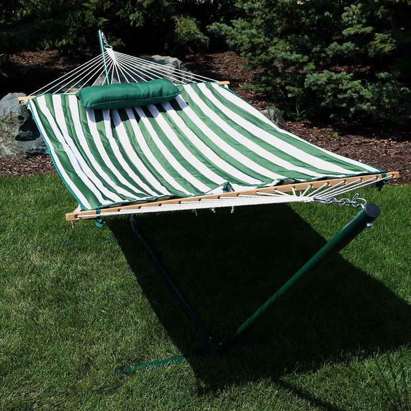 Sorbus Brazilian Double Hammock with Stand - Green, Blue Stripes