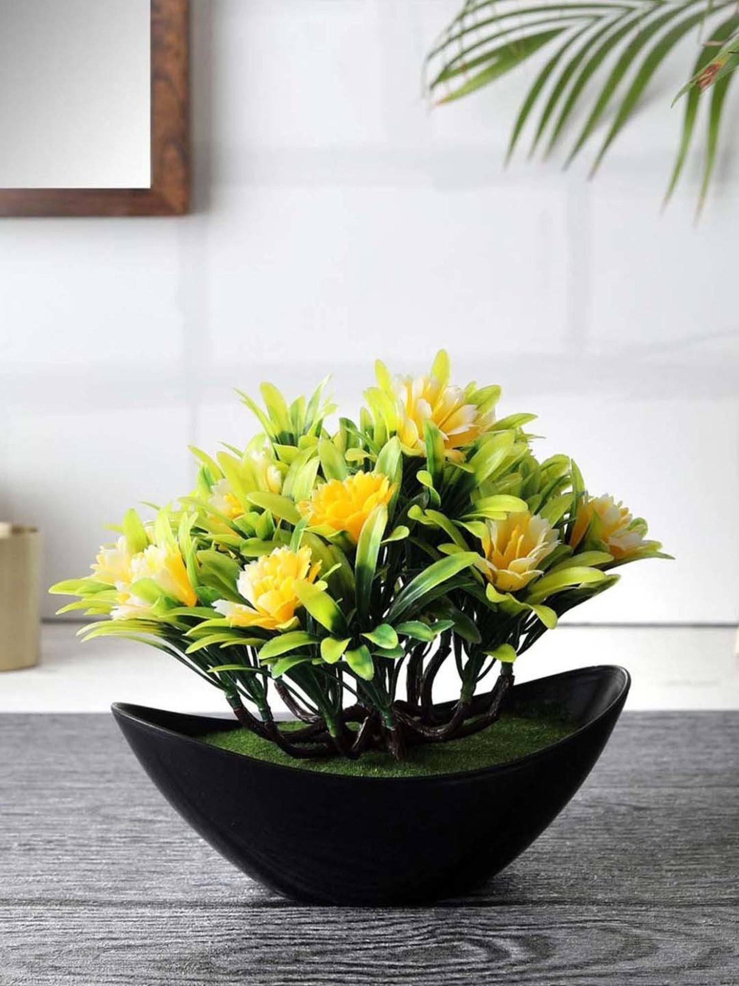 Foliyaj Green & Yellow Plastic Artificial Plant With Big Leaves And Flowers