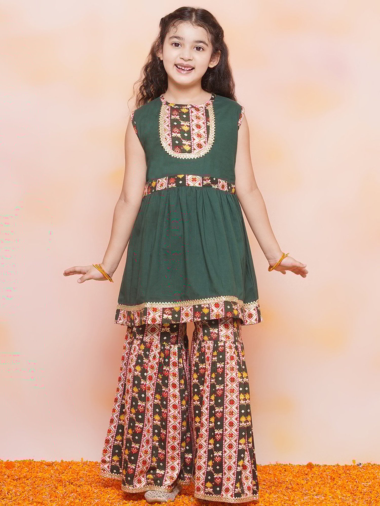 AJ Dezines Kids Dark Green & White Floral Print Kurta with Sharara