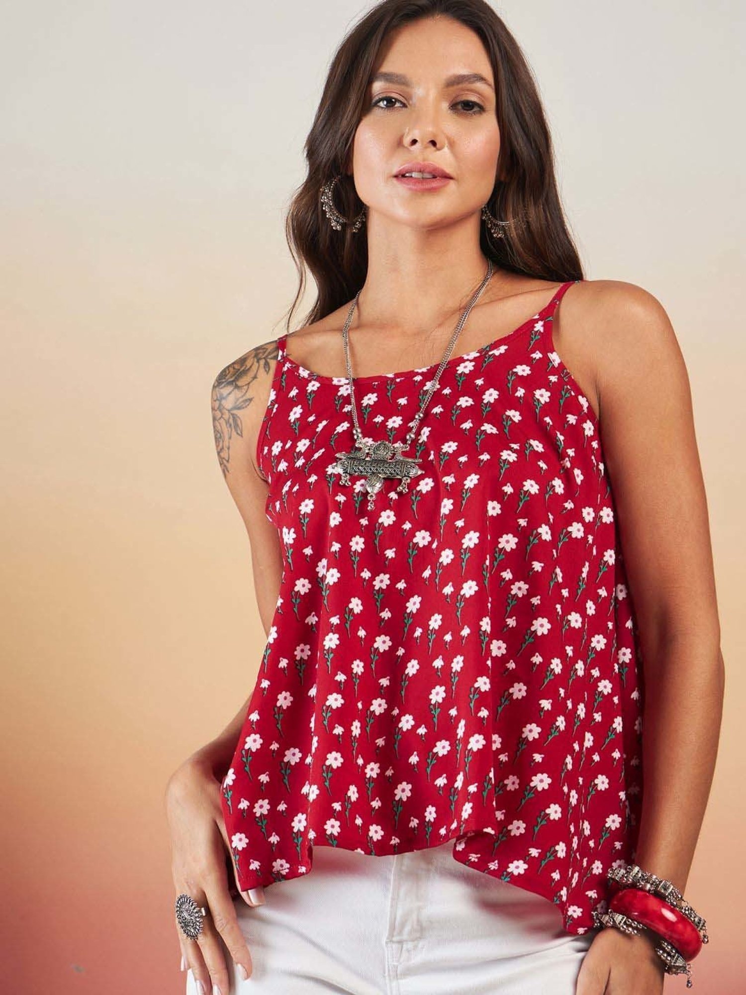 Inweave Cherry Red Floral Print Top