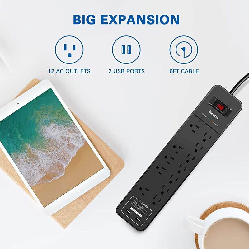 Power Strip Surge Protector  12 Overload Protection Outlet and 2USB Port 6Foot Heavy Duty Extension Cord for Home Office Hotel 2390 Joule