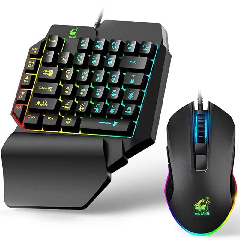 Hand Gaming Keyboard and Mouse Combo 39 Keys PUBG Keycap Version Wired Mechanical Feel Rainbow Backlit Half Keyboard Support Wrist rest USB Wired Gaming Mouse for Gaming