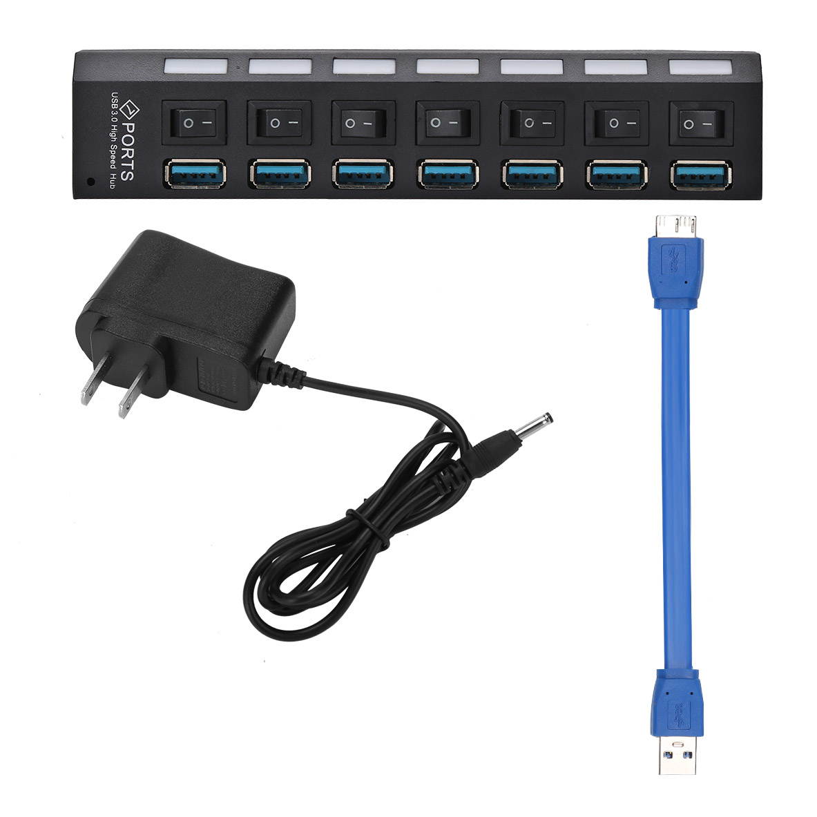 FirstPower 4 Ports USB 3.0 Hub, Portable SuperSpeed USB 3.0 Hub, Splitter 5Gbps, Individual On/Off Switches LED, USB Extension Multi-function USB Dock Hot Swapping Support with US AC Power Plug