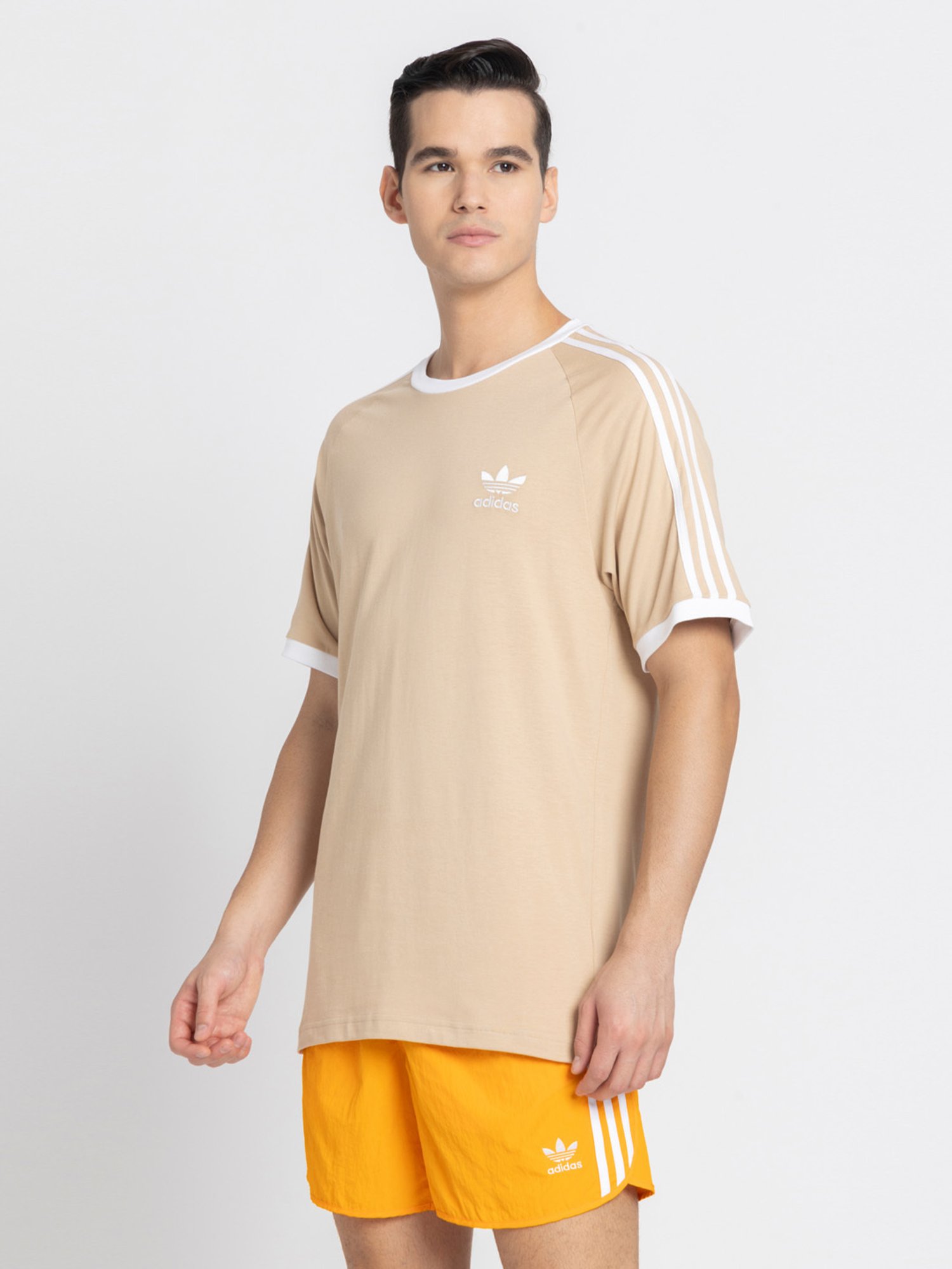 Adidas Beige 100% Cotton,100% Cotton Slim Stripes  T-Shirt