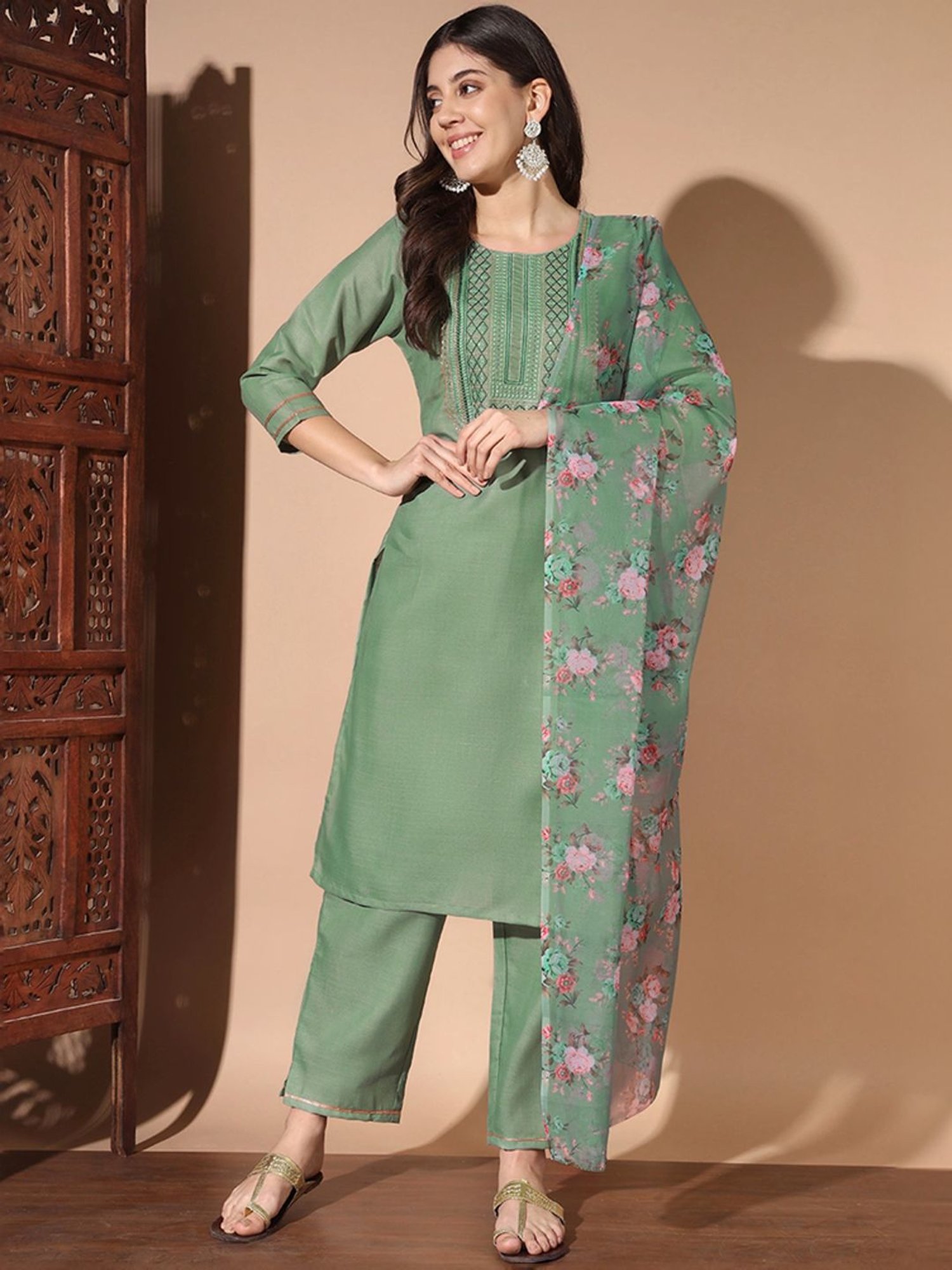 Skylee Pista Green Embroidered Kurta Pant Set With Dupatta