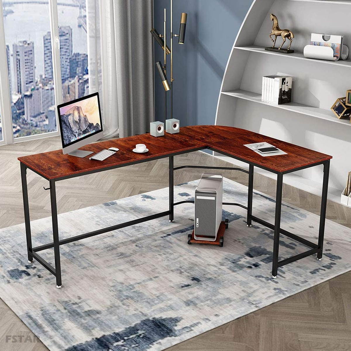 L-Shaped Computer Desk, 66-Inch Corner Desk for Study, with CPU stand Home Office Writing Workstation, Gaming Table, Space-Saving, Easy Assembly, Industrial Design, Sandalwood,GT172