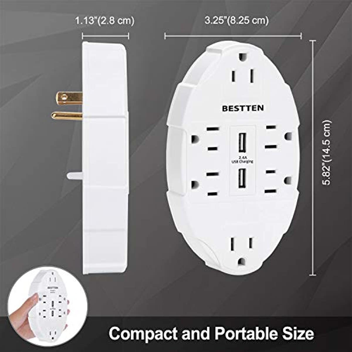 BESTTEN USB Wall Outlet Surge Protector with 2.4A Dual USB Charging Ports and 6 Grounded Outlets, 15A/125V/1875W, ETL Listed, White