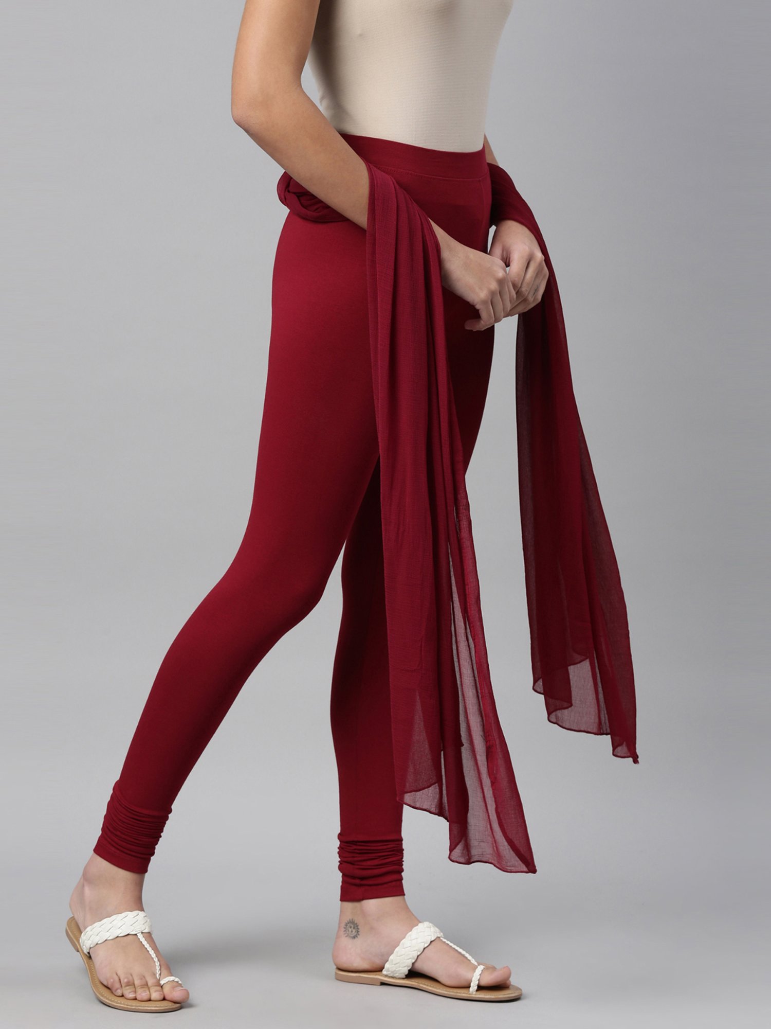 TWIN BIRDS Maroon Cotton Leggings With Dupatta