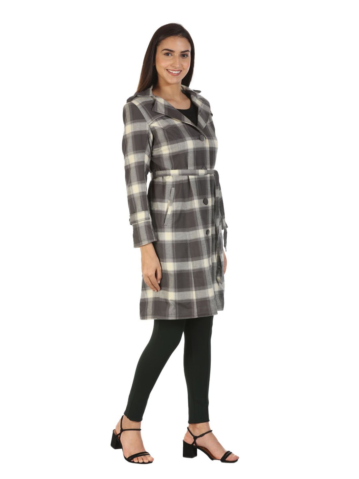 Mustard Grey Checks Trench Coat