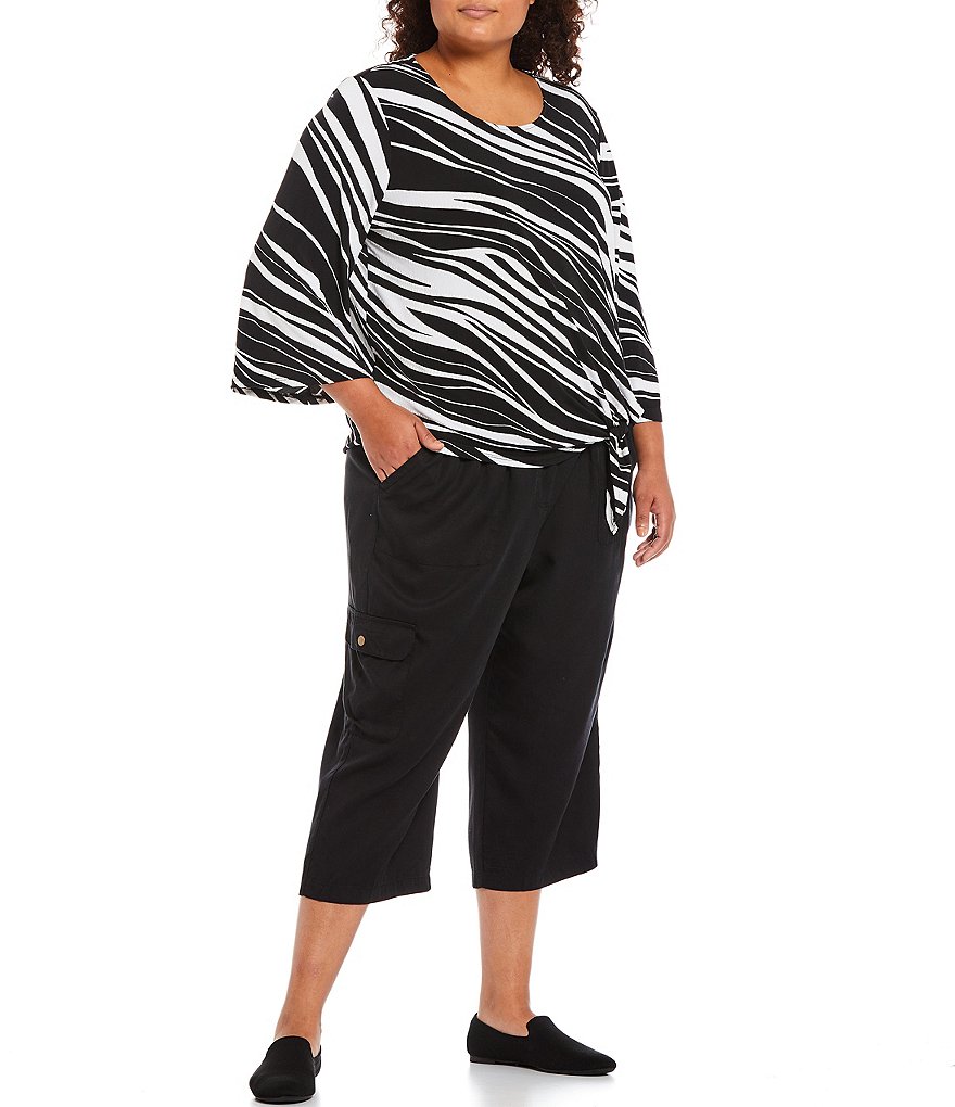 Ruby Rd. Plus Size Zebra Print Scoop Neck 3/4 Flared Sleeve Side Tie Front Top