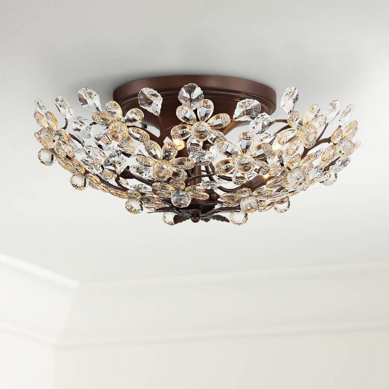 Vienna Full Spectrum Vintage Ceiling Light Semi Flush Mount Fixture Weathered Brown 21" Wide Crystal Blooms Bedroom Living Room