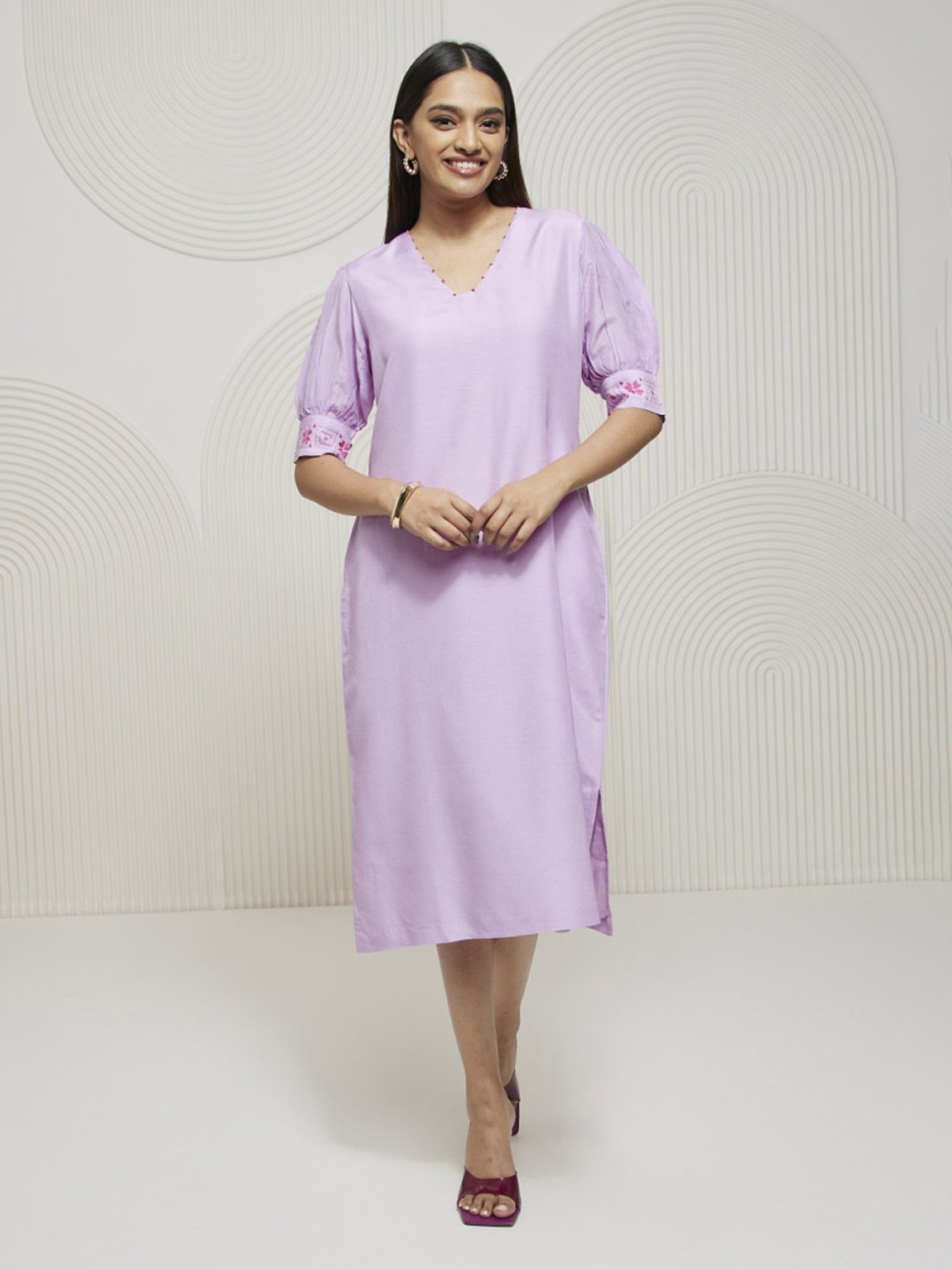 Artagai Lavender Straight Fit Dress with Slit On One and Kantha Embroidery On Cuff