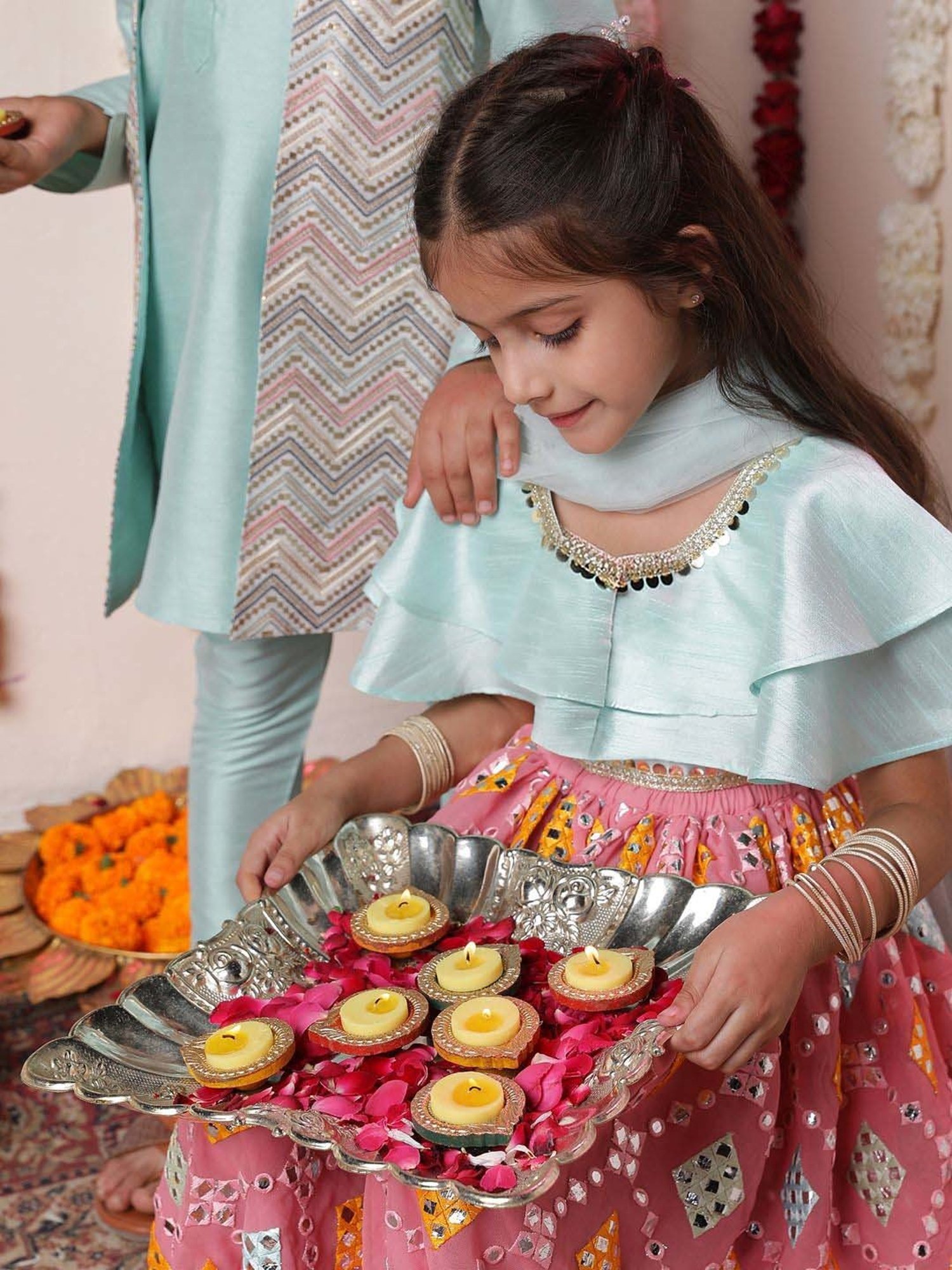 A Little Fable Kids Blue Printed Lehenga with Choli & Dupatta