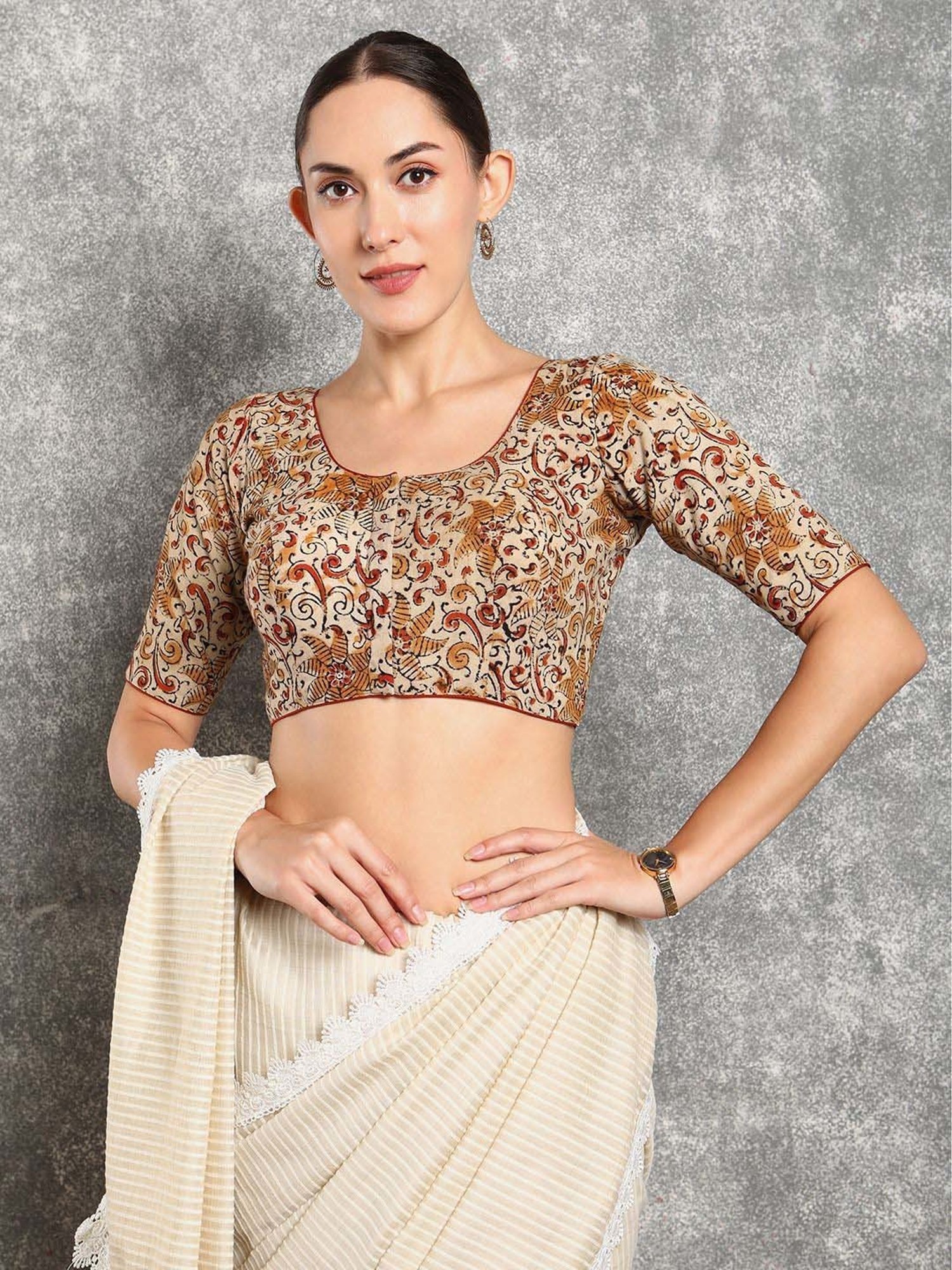 Salwar Studio Beige Cotton Printed Blouse