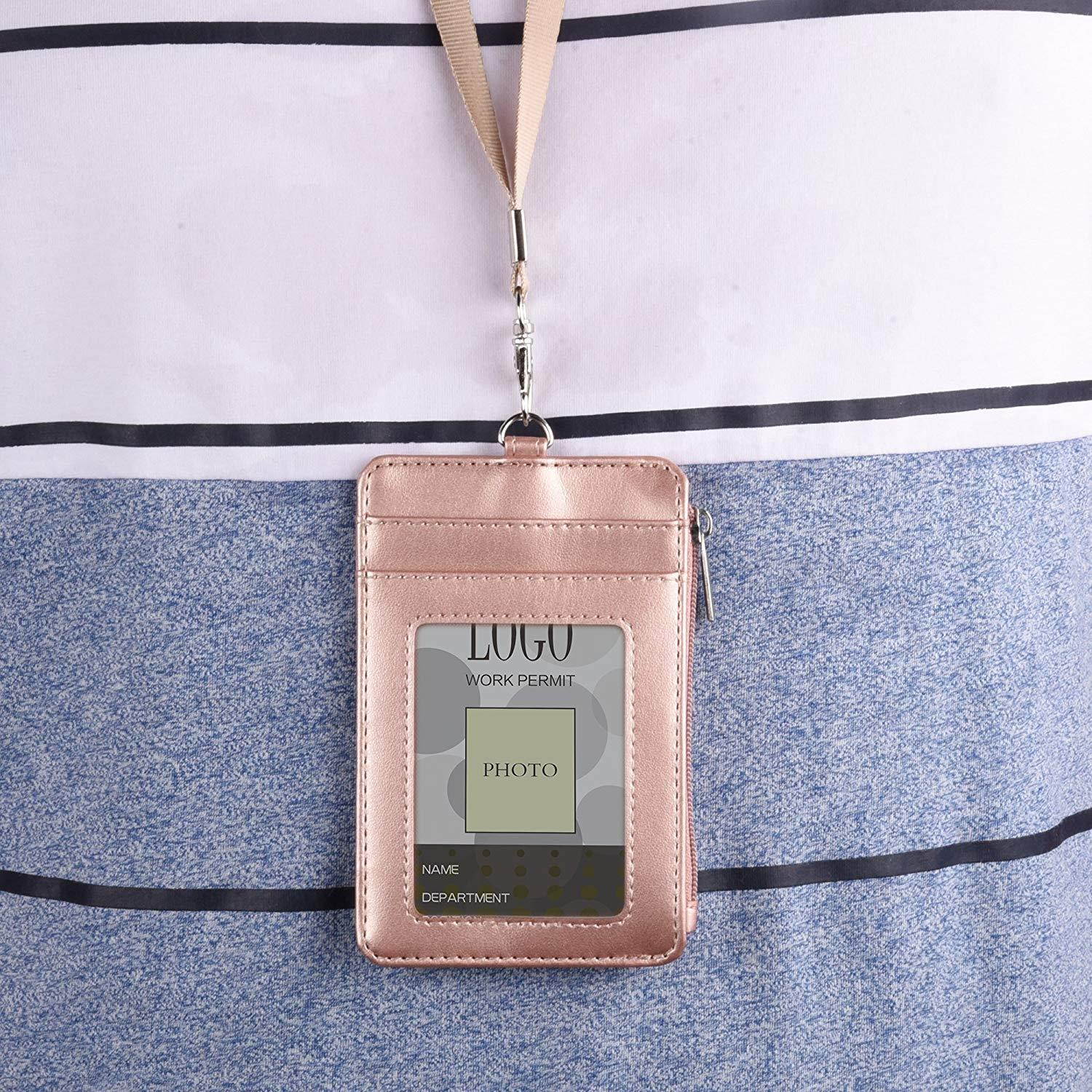 Badge Holder with Zipper, Arae PU Leather ID Badge Card Holder Wallet with [2 ID Window] Cash Pockets Credit Card Slots and Detachable Lanyard/Strap (Zipper-Vertical, Rose Gold)