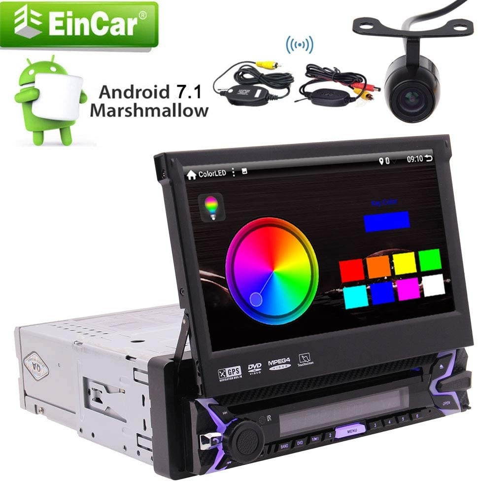 EinCar Android 7.1 Auto Build-in WiFi AM/FM Mirror Link Car Stereo Single Din with 7inch 1024600 Super high Definition Digital Screen and GPS Navigation with Wireless Backup Camera Support Steering