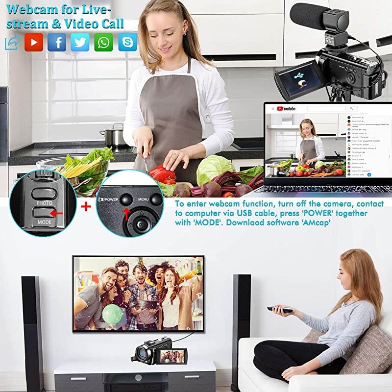 Camera Full HD 1080P 30FPS 24MP YouTube Camera Camcorder 3.0 Inch 270&deg; Rotation IPS Screen 16X Digital Zoom Vlogging Camera with Microphone, Remote, Lens Hood, 2 Batteries