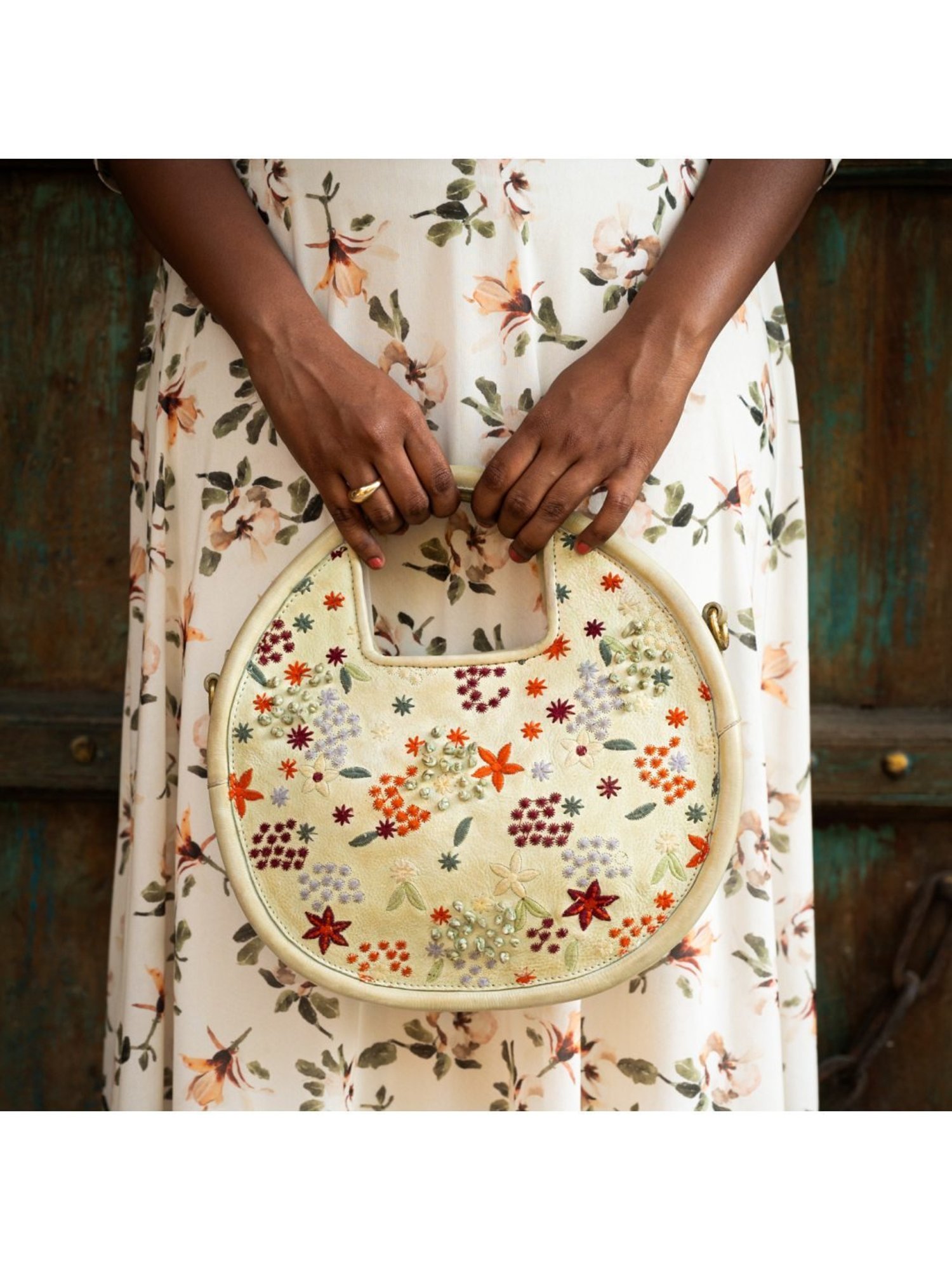Art N Vintage Floral Bliss Green Leather Embroidered Large Handbag