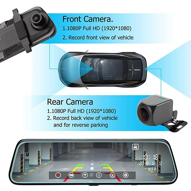 Inch Touch Screen Car Camera " Rearview Mirror FHD 80P Dash DVR Cam Backup Camera Night Vision Front and Rear Dual Lens Video Recorder Reversing
