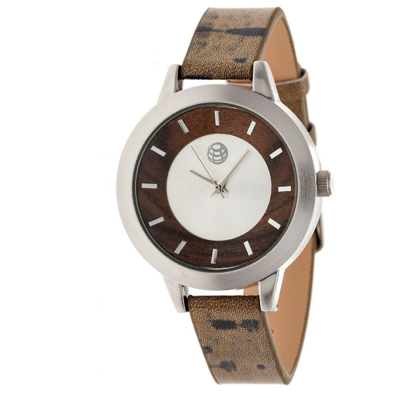 Women's Earth Autumn Wood Outer Dial Faux Leather Strap Watch Dark Brown