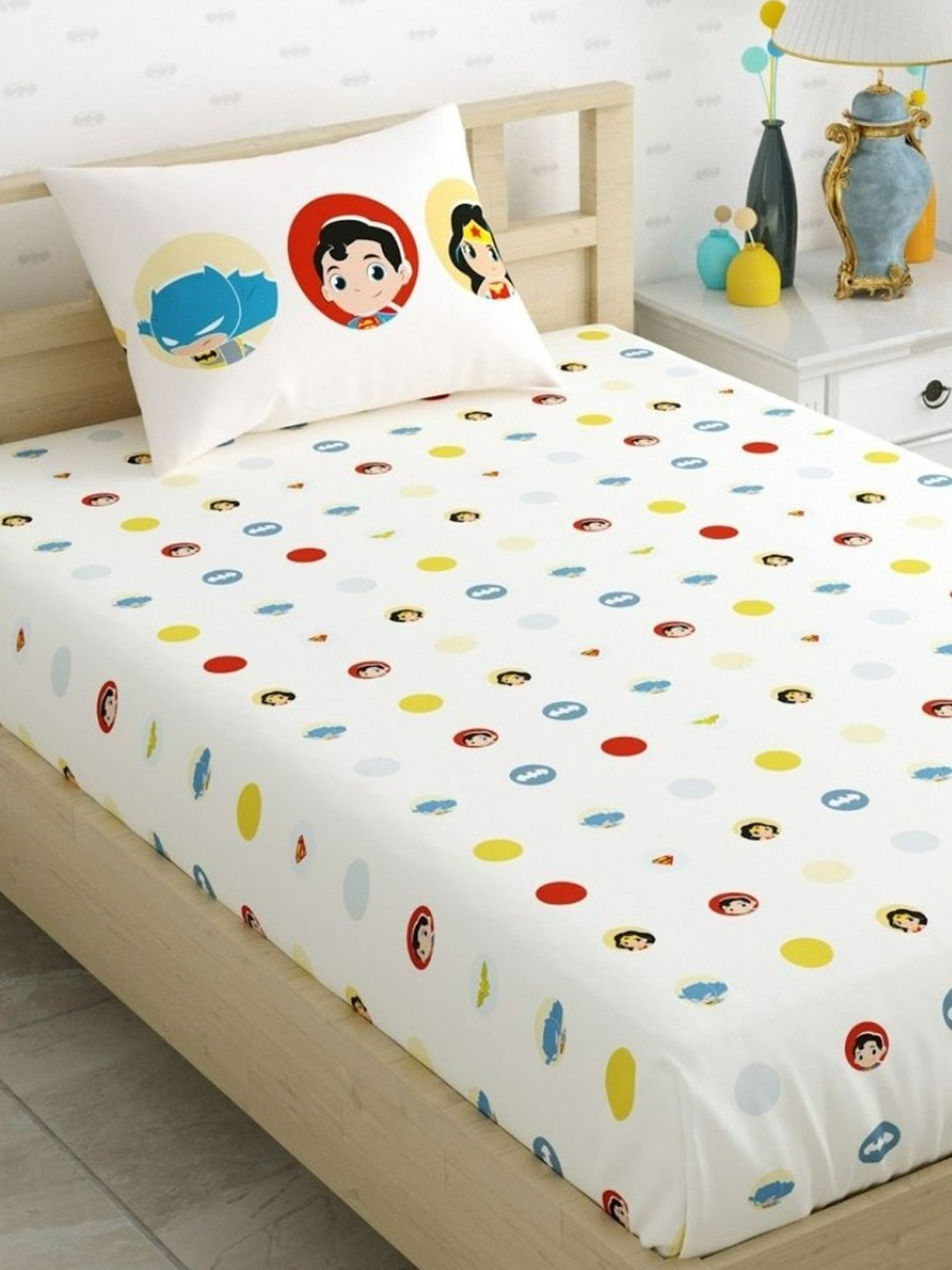 Haus & Kinder Batman Trio Superhero Printed Pink 186 TC Cotton Bed Sheet with 1 Pillow Cover