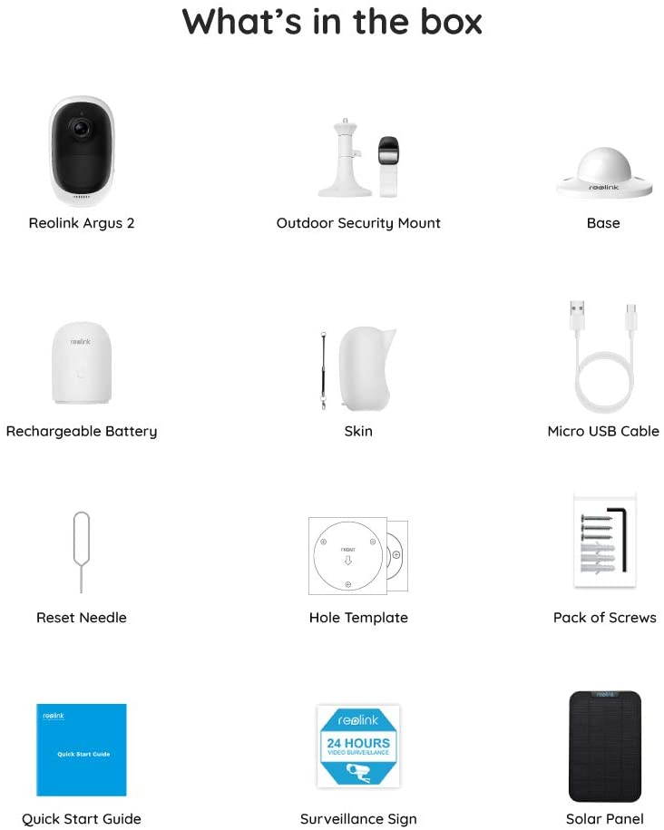 Reolink Argus 2 w/ Black Solar Panel - Wireless Outdoor Battery Security Camera 1080p HD Wire-Free 2-Way Audio Color Night Vision, PIR Motion Detection, Support Cloud/Alexa/Google Assistant