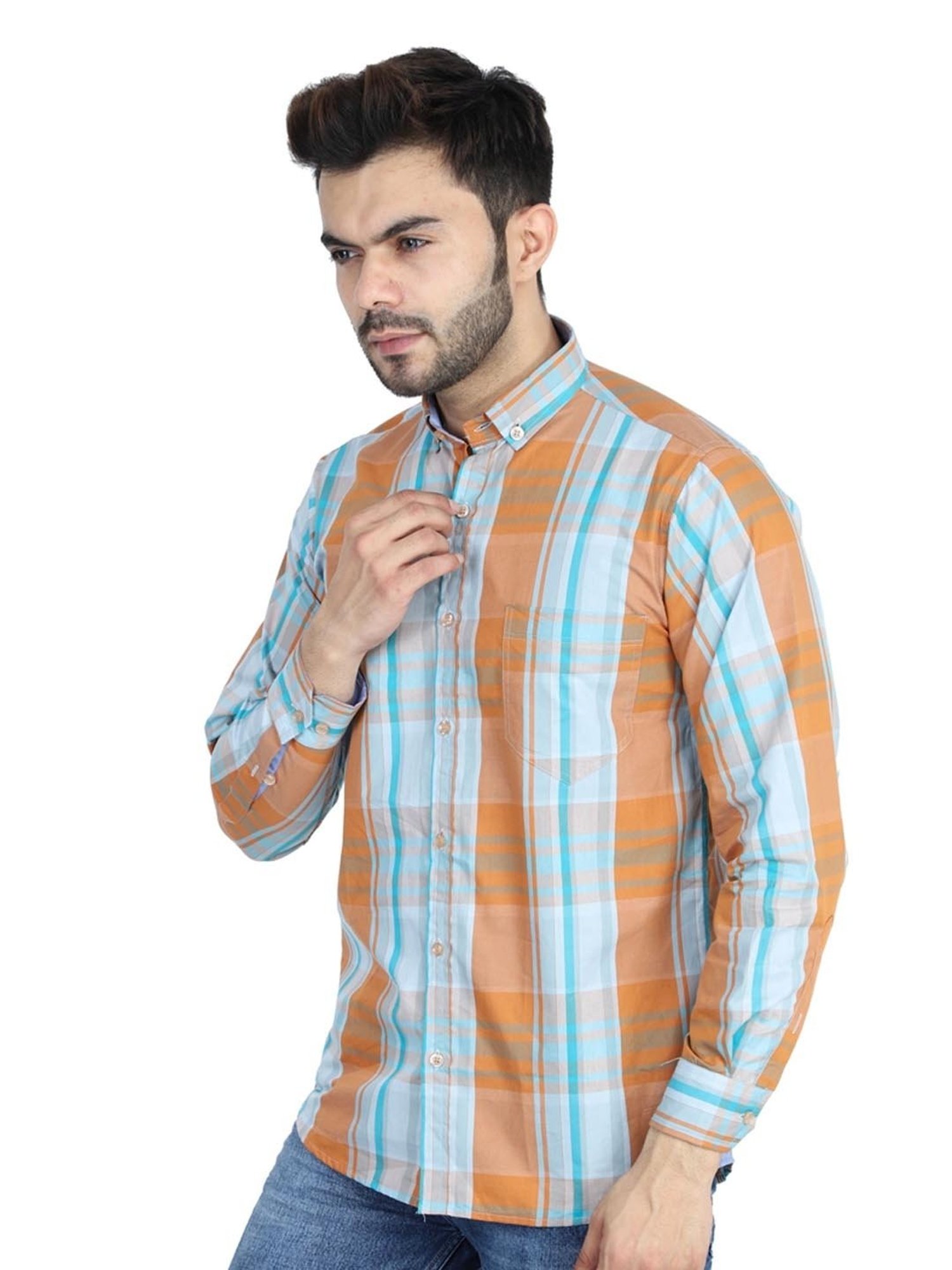 TAHVO Orange Cotton Slim Fit Checks Shirt