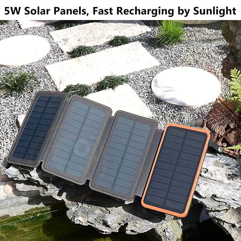 Solar Charger 25000mAh  Outdoor Portable Power Bank with 4 Solar Panels Fast Charge External Battery Pack with Dual 21A Output USB Compatible with Smartphones Tablets etc Waterproof