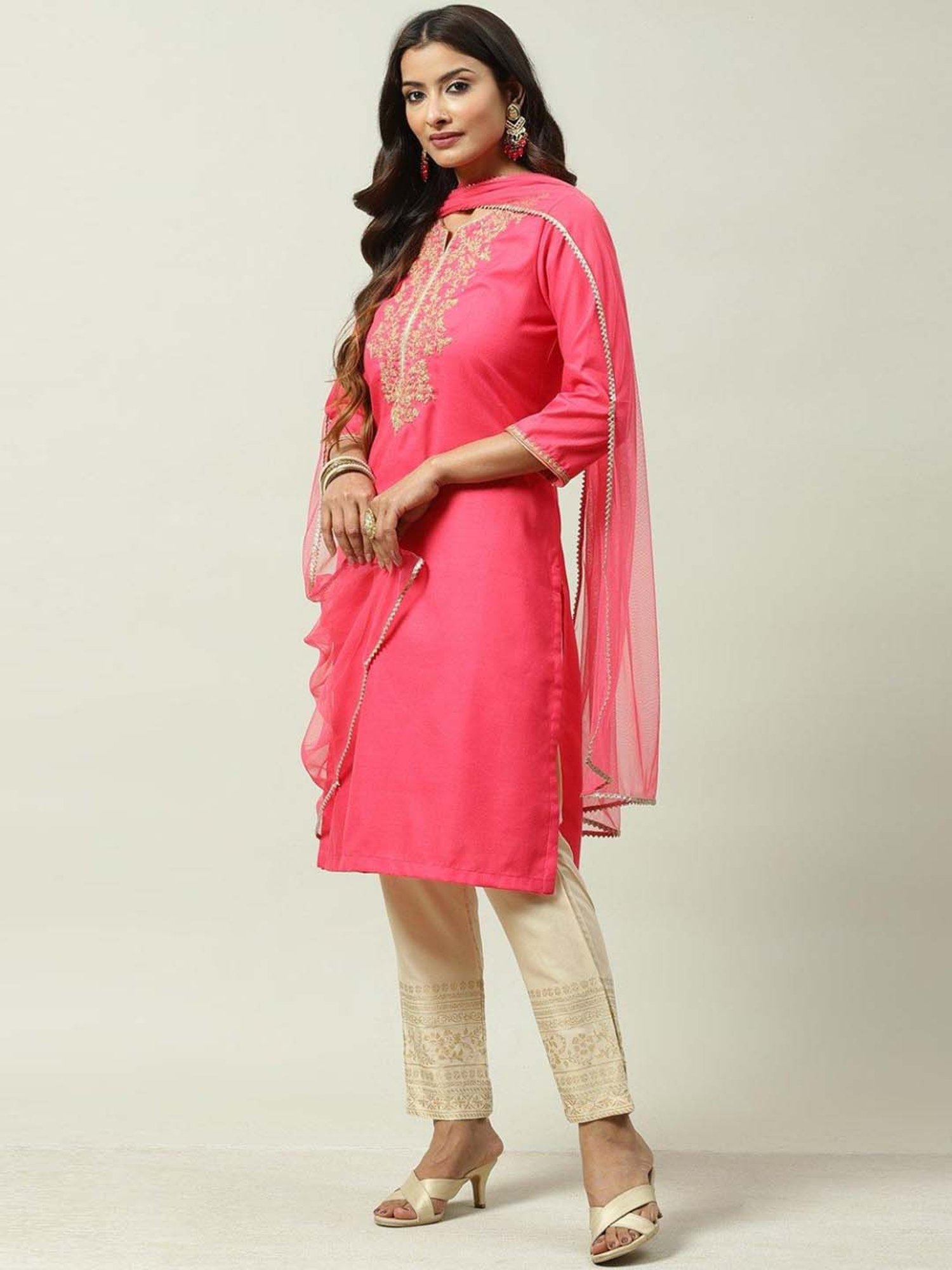 Biba Pink & Beige Cotton Embroidered Kurta Pant Set With Dupatta