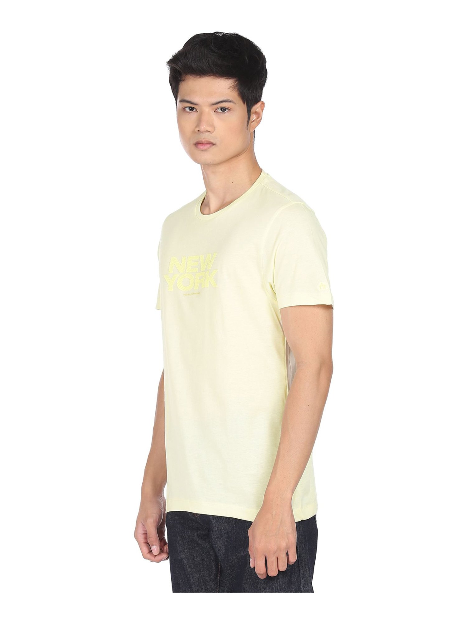 Arrow Light Yellow Cotton Regular Fit Printed T-Shirt