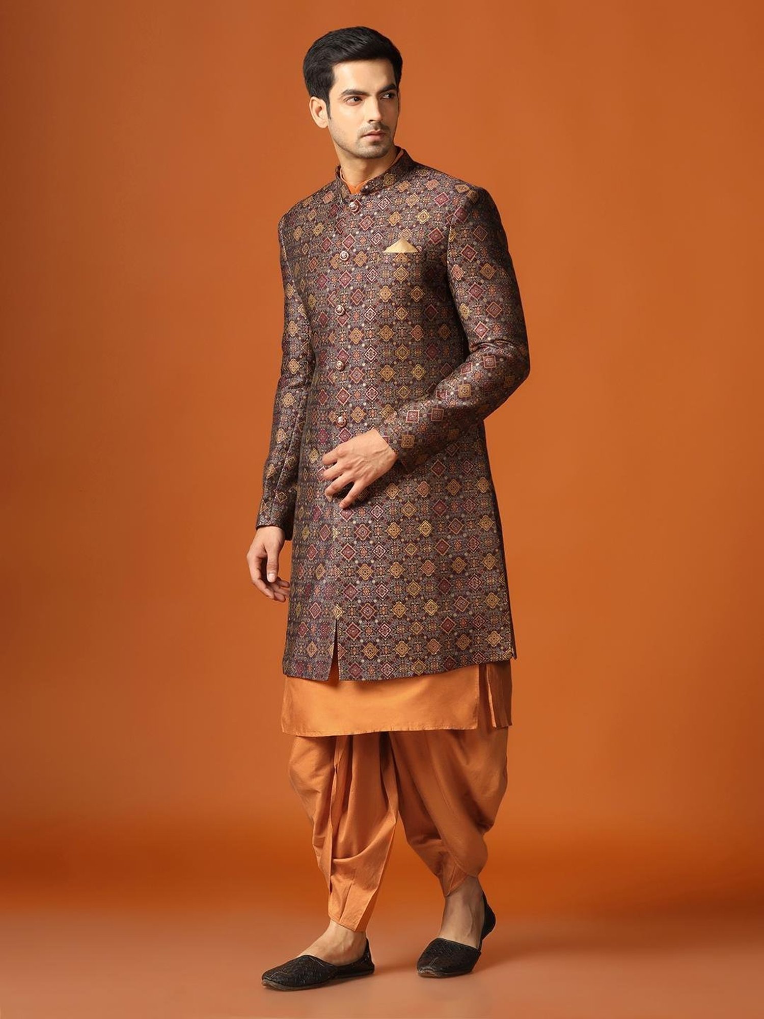 KISAH Mid Maroon Regular Fit Self Pattern Sherwani Set